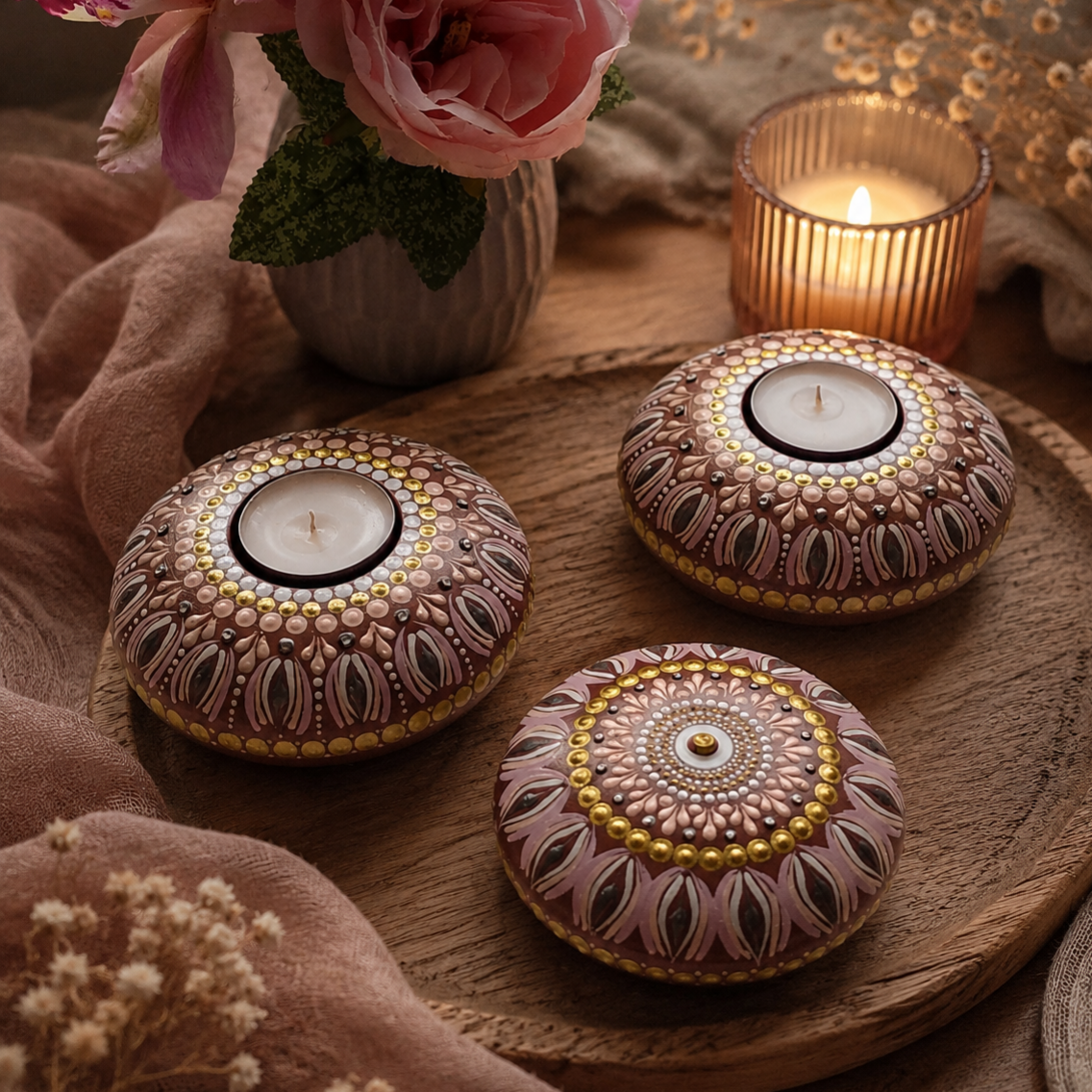 Decorative painted stone tealight candles on a wooden tray with a lit candle and pink flowers.