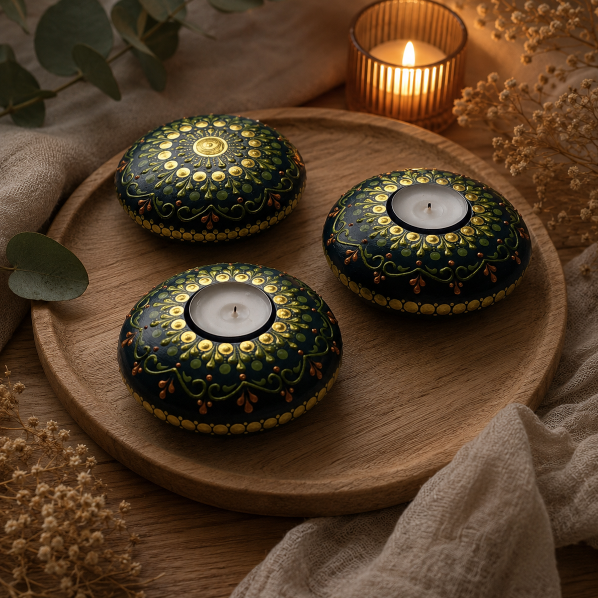 Three decorative green candles with gold patterns on a wooden tray, warm flame and eucalyptus leaves nearby.