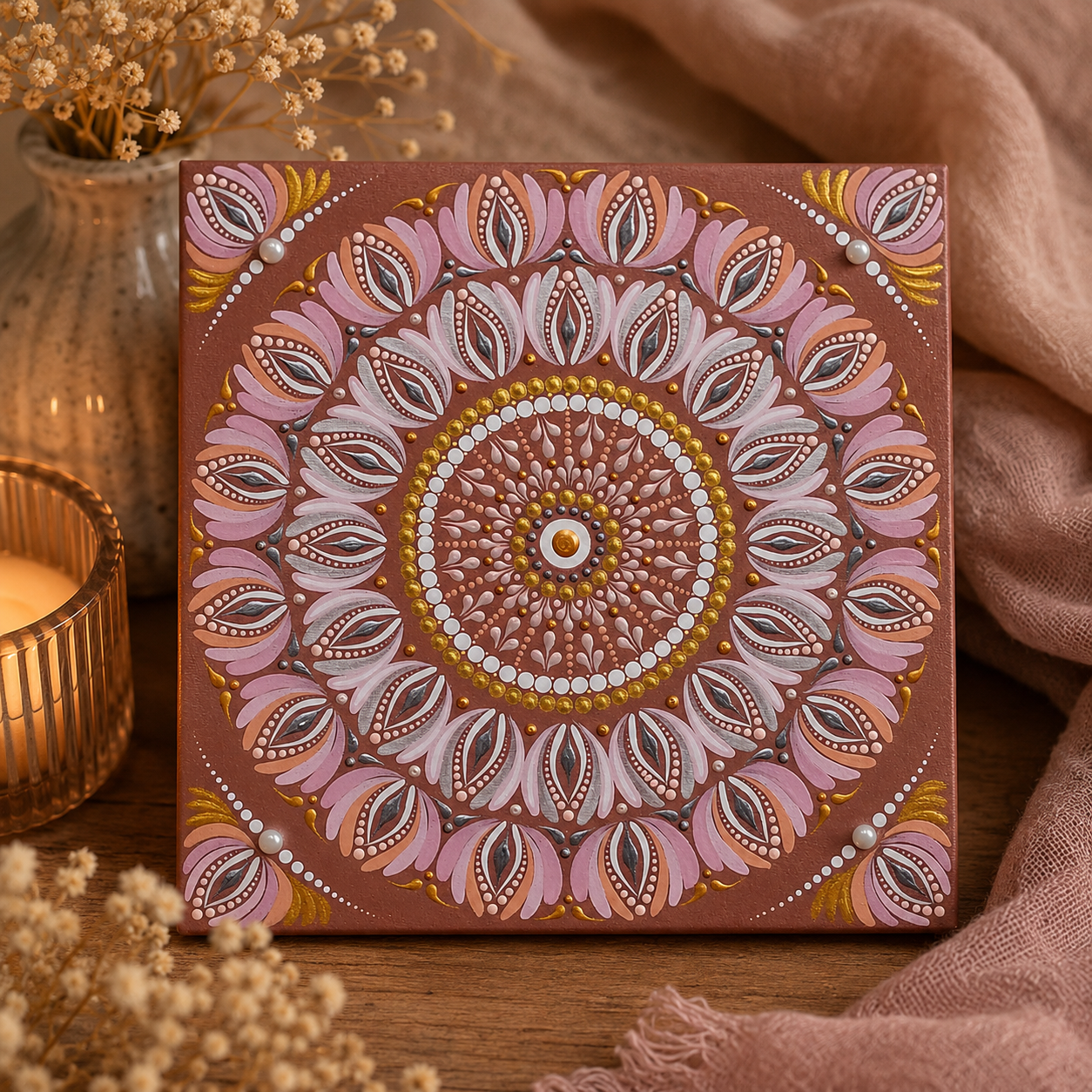 Decorative mandala painting on a brown canvas with pink petals, gold accents, and white dot details.
