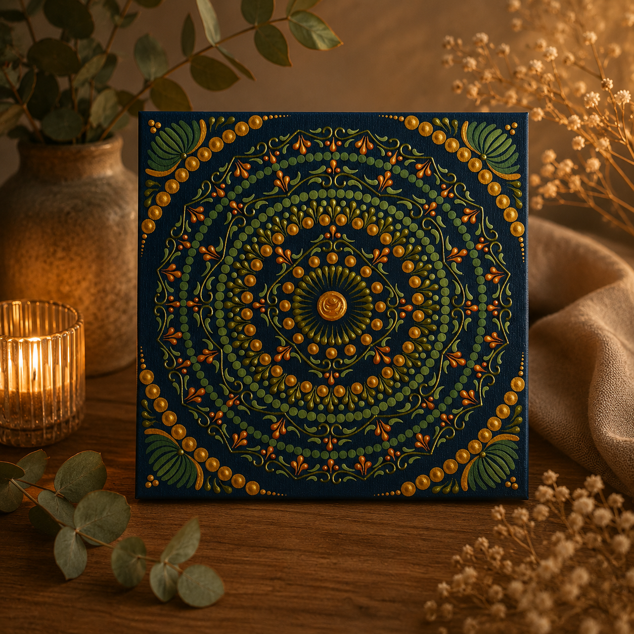 Decorative blue mandala artwork with gold dots and floral patterns, displayed on a wooden table.